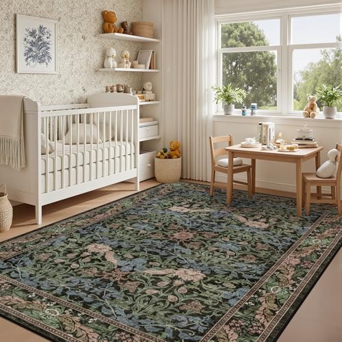 5x7 Area Rug Living Room: Soft Floral Washable Carpet Brown Green - Image 4