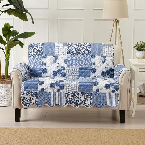 Great Bay Home Reversible Patchwork Loveseat Cover - Washable Slipcover Furniture Protector with Elastic Straps - Perfect for Kids & Pets - Box-Stitched Detail (Navy) by GreatBayHome