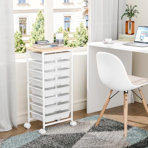Ekisemio Rolling Cart with 8 Drawers, Storage Drawers Cart with Wooden Tabletop and Lockable Wheels, Utility Cart for Living Room, Office, Classroom, Craft Room, White - Image 3
