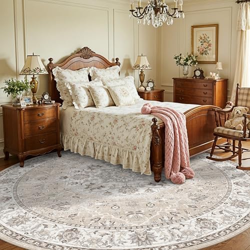 Washable 8ft Round Area Rug - Living Room Oriental Non Slip Soft Rugs Indoor Low Pile Stain Resistant Carpet for Bedroom Dining Room Farmhouse Distressed Thin Home Decor Floor Mat(8Round,Beige) - Image 6