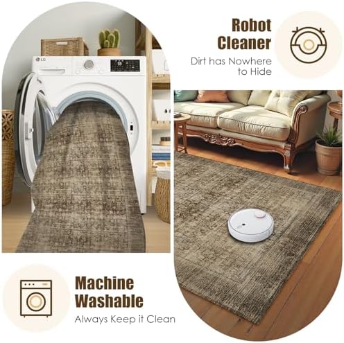 Washable Area Rug 9' x 12' Vintage Traditional Persian Mat - Foldable Distressed Non-Slip Machine Washable Carpet for Living Room Bedroom Kitchen Home Decor - Mocha and Taupe - Image 7