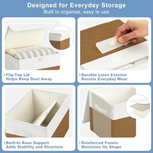 Large 17" 42 Quarts Collapsible Stackable Storage Bins with Lids [3-Pack] Foldable Fabric Linen Storage Boxes Cube, Closet Organizer Baskets with Label for Home (16.7 x 12 x 12", Brown & White) - Image 6