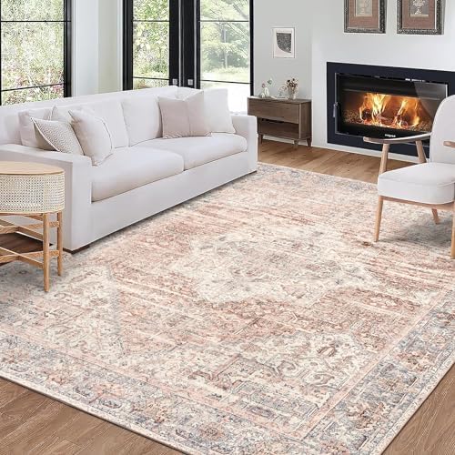 ReaLife Rugs Machine Washable Area Rug - Living Room Bedroom Bathroom Kitchen Entryway Office - Padded Low Pile Stain Resistant Premium - Boho Farmhouse Vintage - Lyle - Gray Ivory Blush 4' x 6' by ReaLifeRugs