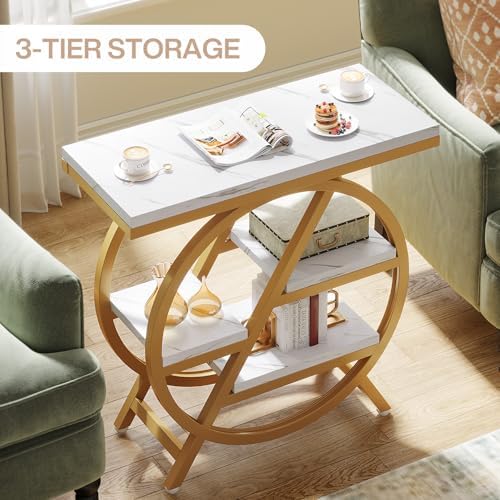 Tribesigns End Table Set of 2, Modern Faux Marble Side Table for Living Room, 3 Tier Narrow Sofa Side Table with Storage and Metal Frame, Nightstand and Bedside Table for Bedroom, Gold & White - Image 6