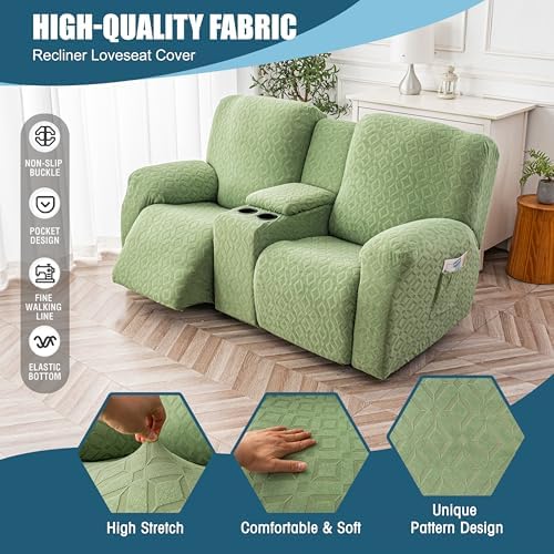 Genina Waterproof Recliner Loveseat Cover,2 Seat with Console,Matcha Green - Image 4