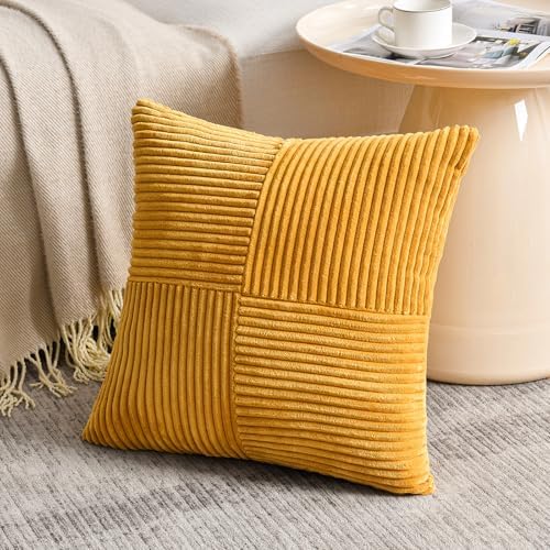 Fancy Homi 2 Packs Gold Yellow Big Decorative Throw Pillow Covers 24x24 Inch for Couch Bed Sofa, Rustic Farmhouse Boho Home Decor, Soft Corss Corduroy Patchwork Accent Square Cushion Case 60x60 cm - Image 2
