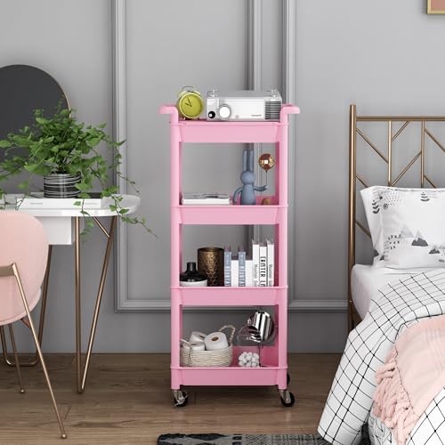 STEEHOOM Utility cart with Tabletop 4 Tier Rolling Cart Organizer with Wheels Movable Storage Cart for Office, Living Room, Kitchen, Craft Room, Pink - Image 5