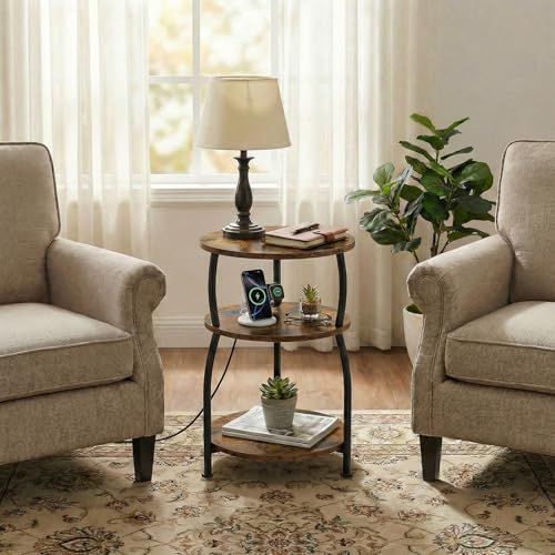 Round Side Table with Power Outlet, USB Type C Port, 3-Tier End Table - Image 6