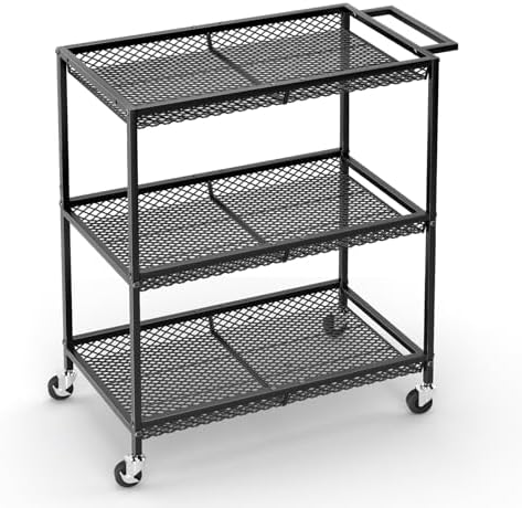 3 Tier Rolling Utility Kitchen Cart, Heavy Duty Wire Rolling Cart on Wheels, Commercial Metal Serving Carts with Handle, Kitchen Island Plant Shelf Food Storage Trolley for Laundry, Office, Garage by ThreeHio