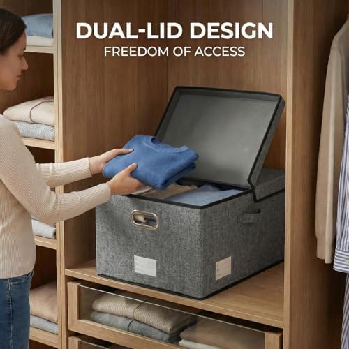 PRANDOM Storage Bins with Lids [3-Pack] Linen Fabric Foldable Storage Boxes Organizer Containers Baskets Cube with Cover for Bedroom Closet Office Grey(23.4X15.9X11.4) - Image 4