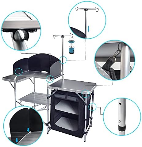 CampLand Folding Camping Kitchen Table with Windscreen,Portable Outdoor Cooking Station with Storage Cabinet & Side Tables Heavy Duty Camp Cook Station for Camping & BBQ (Black) - Image 4