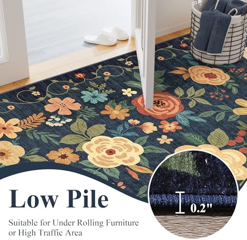 DUKINO 3x20 Runner Rug for Hallway, Floral Washable Runner Rug, Navy Blue - Image 7
