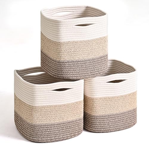 ICERZCZ 11 Inch Cube Storage Bins, Storage Cube Organizer Bins, Woven Cotton Rope Baskets for Storage, Storage Basket for Organizing Shelves, Square Baskets for Toys, Gradient Brown (Pack of 3) by ICERZCZ