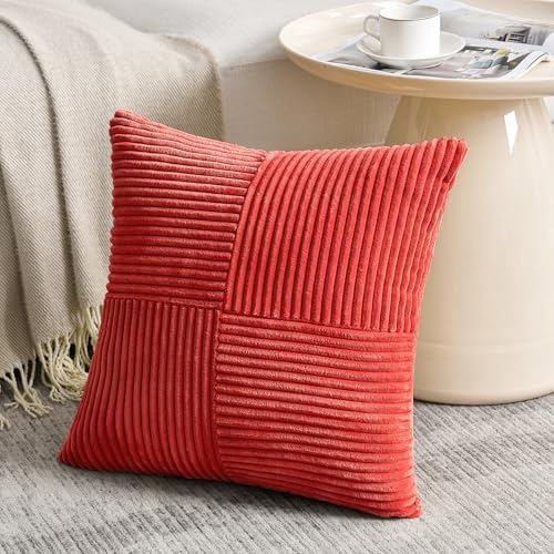 Fancy Homi 2 Packs Red Decorative Throw Pillow Covers 22x22 Inch for Living Room Couch Bed Sofa, Holiday Christmas Home Decor Gift, Soft Corss Corduroy Patchwork Accent Square Cushion Case 55x55 cm - Image 2