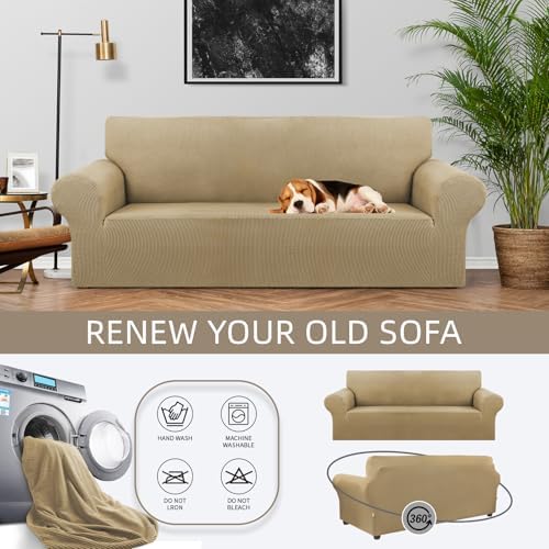 KEKUOU Stretch Couch Covers for Sofa, 3 Cushion Couch Slipcover,Tan - Image 2