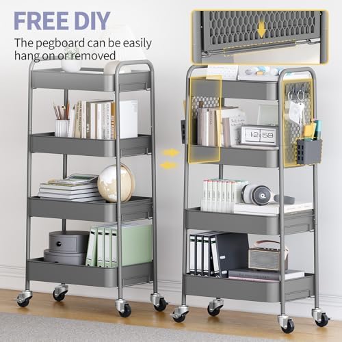 TOOLF 4 Tier Rolling Cart, Metal Utility Storage Cart with Pegboard, Grey | 2 Bins & 4 Hooks, Screwless Assembly, Lockable Wheels, Trolley Organizer for Bathroom, Kitchen, Office, Dorm, Craft Room - Image 2