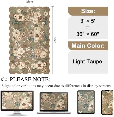 DUKINO 3x5 Area Rugs Non Slip Floral Washable Rug for Bedroom, Light Taupe - Image 2