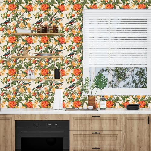 Danodoi Orange Vintage Bird and Stick Wallpaper 17.5" x 393" | Waterproof Vinyl Self Adhesive Removable Renter Friendly Floral Contact Paper - Image 2