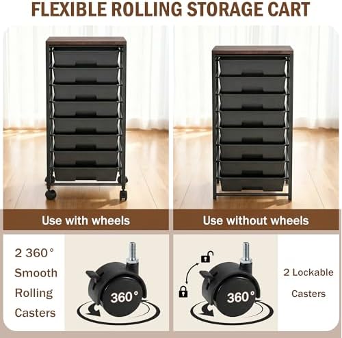 Rolling Cart with 8 Drawers, Storage Drawers Cart with Wooden Tabletop and Lockable Wheels, Craft Storage for Living Room, Office, Classroom, Craft Room, Bedroom (Black) - Image 4