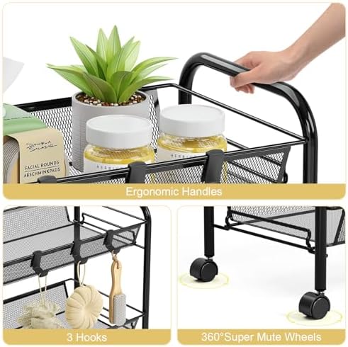 TOOLF 3 Tier Rolling Cart, Metal Utility Storage Cart with Wheels, Black | 3 Hooks, Screwless Assembly, Trolley Organizer for Bathroom, Kitchen, Office, Nursery, Dorm, Laundry Room - Image 5