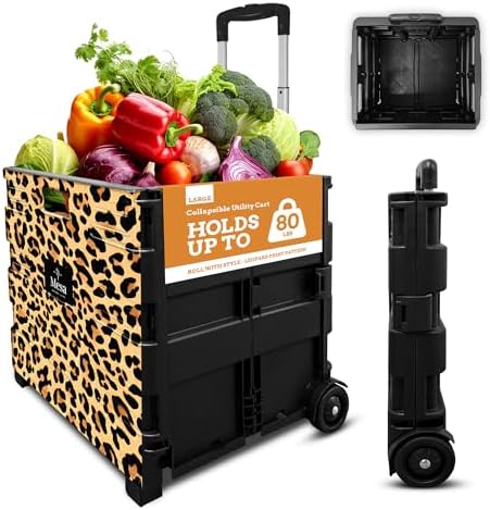 Inspired Living Ultra-Slim Rolling Collapsible Storage Pack-N-Roll Utility-carts, with Telescopic Handle, for Home, Garden, Shopping, Office, School use, Large, Leopard by Inspired+Living