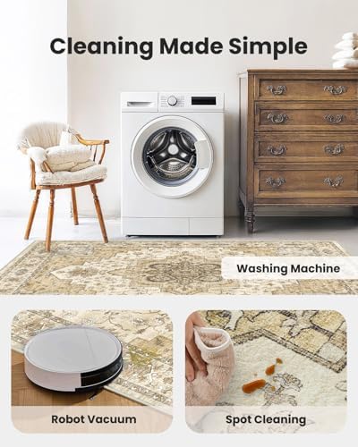 AMADA HOMEFURNISHING 8x10 Area Rug for Living Room, Vintage Washable Area Rug Low-Pile & Non-Slip Carpet for Bedroom Dining Room Nursery Home Office, Beige/Cream - Image 6