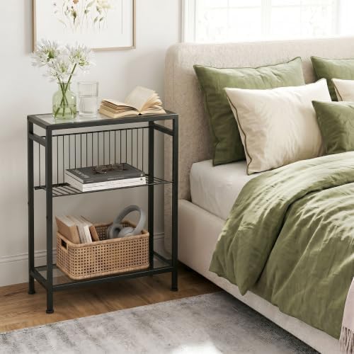 Glass Side Table, Tempered Glass End Table, 3-Tier Narrow Side Table with Magazine Holder, Small Nightstand with Modern Style, Skinny Snack Table in Living Room, Bedroom Study and Balcony, Black - Image 5