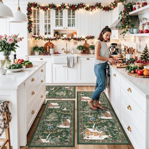 Holiday Christmas Rugs Kitchen Sets of 3, Green Washable Throw Kitchen Mat Low Pile Soft Non-Slip with Rubber Backing for Sink Floor Mat ＆ Hallway, Entryway - Image 3