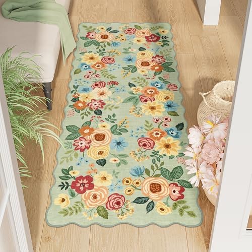 DUKINO 2x5 Washable Runner Rug, Floral Non Slip Rug for Kitchen, Green by DUKINO