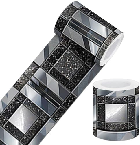IVN Wallpaper Border Peel and Stick Wall Black and Silver Mosaic 4x196 Inch by IVN