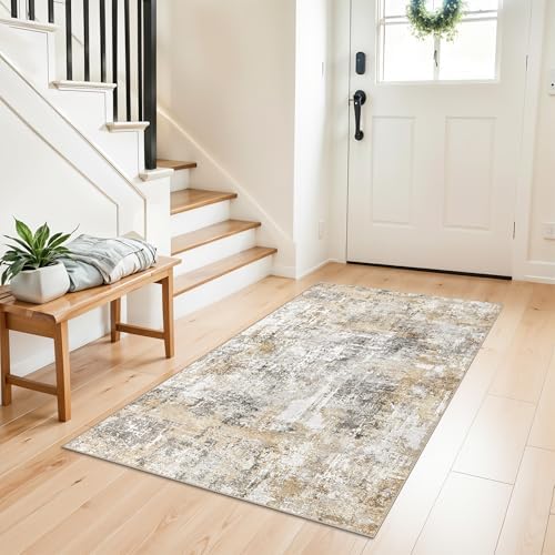 3x4 Modern Entryway Area Rug - Machine Washable Non-Skid Low Pile Indoor Mat for Bathroom,Living Room, Bedroom - Abstract Neutral Small Throw Soft Carpet with Rubber Backing (Gold Grey) by ZHXXUJ