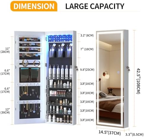 LVSOMT Wall Mounted Jewelry Organizer with Full Length Mirror, 42.5", White - Image 2