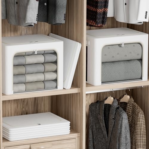 FHSQX 2 Pack Clear Window Storage Bins Large Stackable Linen Fabric Storage for Clothes Foldable Container Organizer Set with Carrying Handles (Lvory White, 15.7x 11.8x 7.8Inch) - Image 2