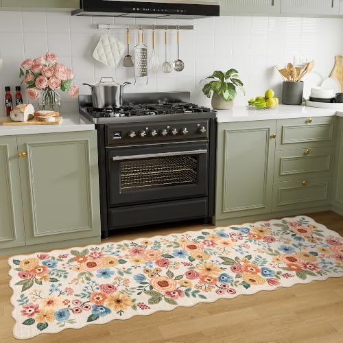 DUKINO 2.6x8 Runner Rug, Floral Washable Kitchens Rug Non Slip Beige Yellow - Image 3