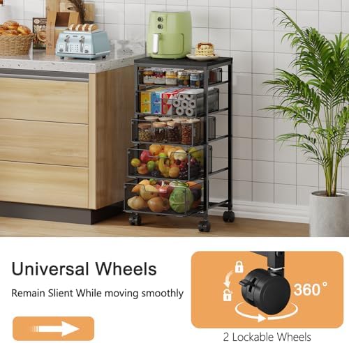 Kitchen Storage Cart with Drawer, 5-Tier Fruit Vegetable Storage Cart, Kitchen Organizer and Storage Cart with Wheels, Wooden Top Metal Wire Pantry Storage Cart rack for Fruit Snack Onion Potato - Image 3