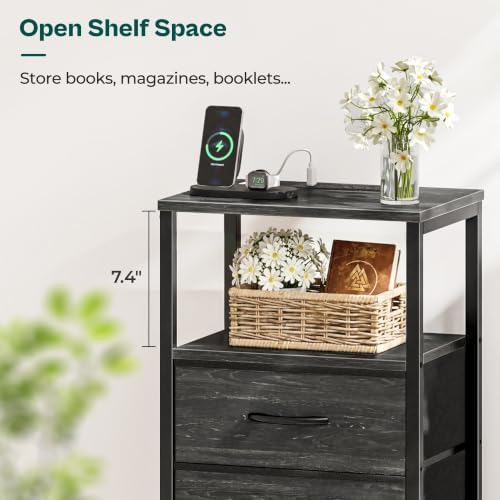 Huuger Nightstand with Charging Station, Side Table with Fabric Drawers - Image 6
