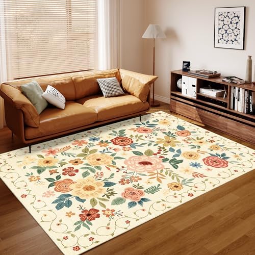 DUKINO 8x10 Area Rug, Floral Washable Living Room Rug Non Slip Beige Yellow - Image 4