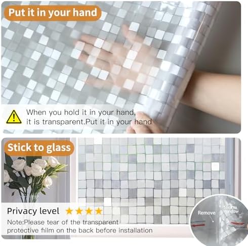 Window Privacy Film Frosted Glass Window Film Decorative, Removable Static Cling Heat Blocking Sun Blocker Front Door Window Covering for Bathroom Home Office (Mosaic, 17.5" x 78.7") - Image 4