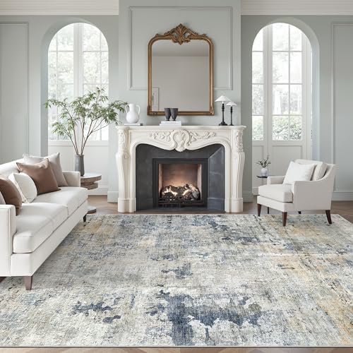 Soalmost Abstract Rug 8x10 Large Living Room Area Rugs Washable Blue/Yellow by Soalmost