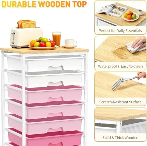 SUNALLY Rolling Cart With 8 Drawers, Storage Drawer Cart for Craft Art,Pink - Image 4