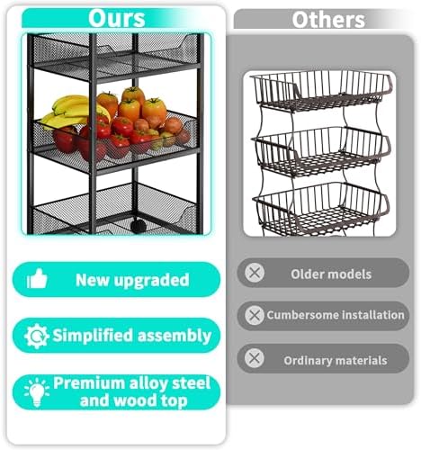HapiRm Fruit Basket Kitchen Cart - 4-Tier Rolling Storage Cart with Wheels, Fruit Vegetable Basket with Wood Top, Pantry Utility Kitchen Organizer for Fruit Potato Onion Vegetable Bread Snack - Image 7