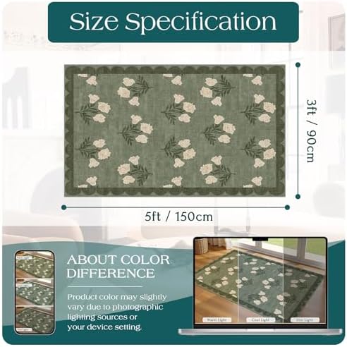 3x5 Floral Entry Rug - Small Washable Indoor Outdoor Mats for Front Door Non-Slip Spring Porch Rug Sage Green Farmhouse Throw Rugs for Living Room Bedroom Entryway Kitchen Office Porch Decor - Image 2