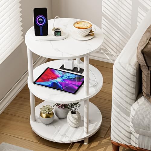 XBurmo Small Round End Table - 3 Tier Design Accent Table, Narrow Side or Bedside Stand, Industrial Vintage Table for Small Spaces, Built-in USB Ports and Power Outlet, Marble White by XBurmo