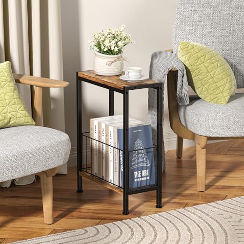 Narrow Side Table, Skinny End Tables with Magazine Holder, Small Sofa Table for Small Spaces, Space-Saving Design, Slim Nightstand Bedside Table for Living Room, Bedroom, Office, Rustic Brown - Image 2