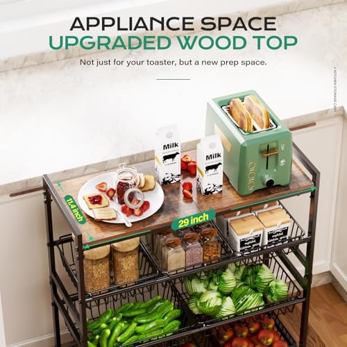 Cinati 4-Tier Utility Kitchen Cart with Wood Top, 29" W Kitchen Storage Cart with 8 Baskets & Handle, Metal Snack Cart with Wheels, Adjustable Pantry Organizer and Storage Cart for Fruit, Vegetables - Image 2