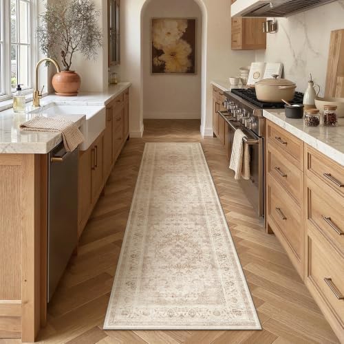 2'6x8 Beige Washable Runner Rug Non Slip Vintage Carpet - Image 2