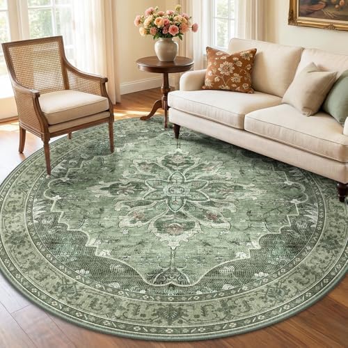 RELEANY Washable Area Rug, Round 6ft, Green/Dark Green/Gray by RELEANY