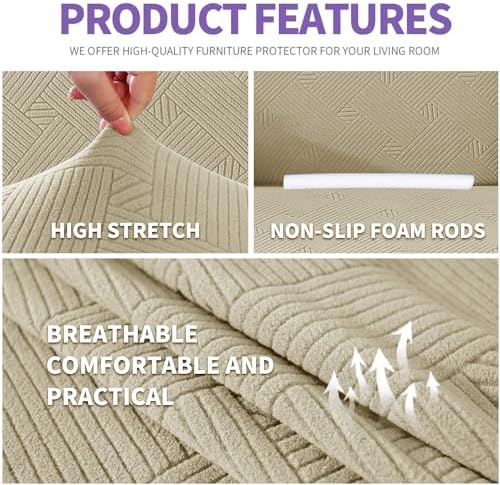 ZNSAYOTX Super Stretch Loveseat Covers (57"-70"), New Striped Love Seat Slipcover, Dogs Pet Friendly Anti-Slip Couch Protector Spandex Durable 2 Seater Fabric Sofa Cover (Khaki, Loveseat) - Image 3