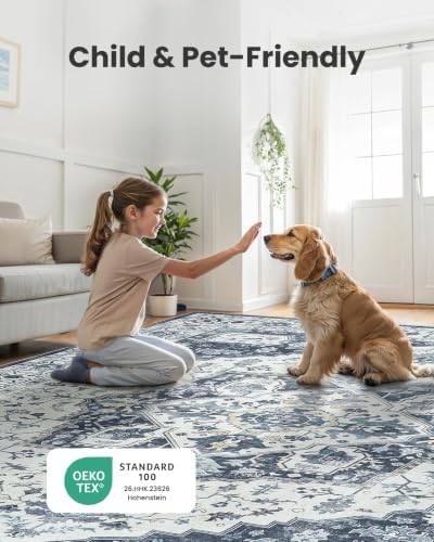 AMADA HOMEFURNISHING 8x10 Area Rug, Washable Low-Profile Large Area Rug with Non-Slip Backing & Durable Edge Binding, Vintage Large Rugs for Living Room, Bedroom - Image 3