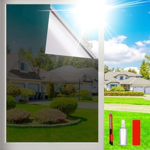 One Way Privacy Window Film Sun Blocking, Heat Blocking Window Tint for Home See Out But Not in, Static Cling & Anti UV, Black-Silver,35.4 Inch x 157.48 Inch by windowfilm